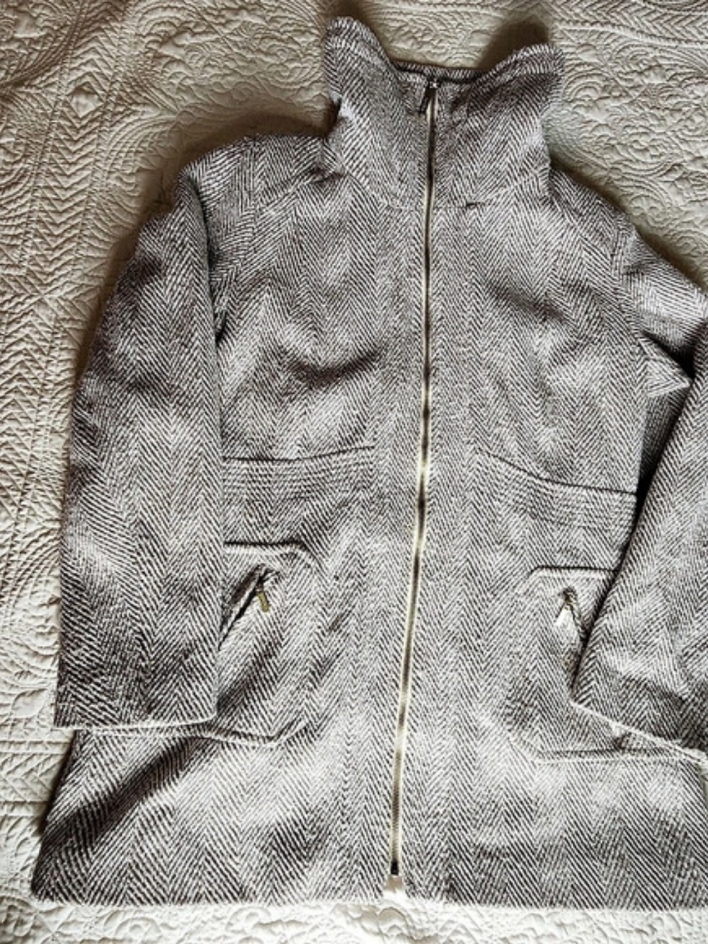 kensie Houndstooth Zip Coat in Brown & White Size Large Like New